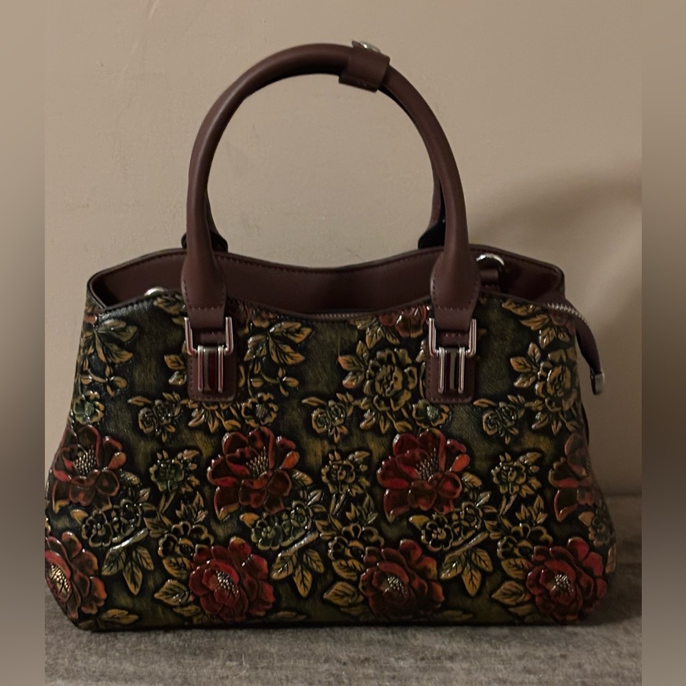 Floral Embossed Leather Handbag with top handles and crossbody strap